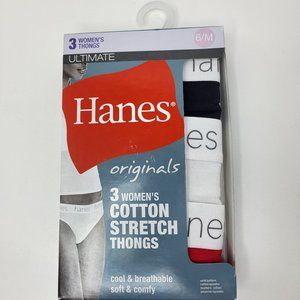 NWT HANES Womens 3 Pk Ultimate Stretch Cotton Thong Panty - Red,White,Black - 6M